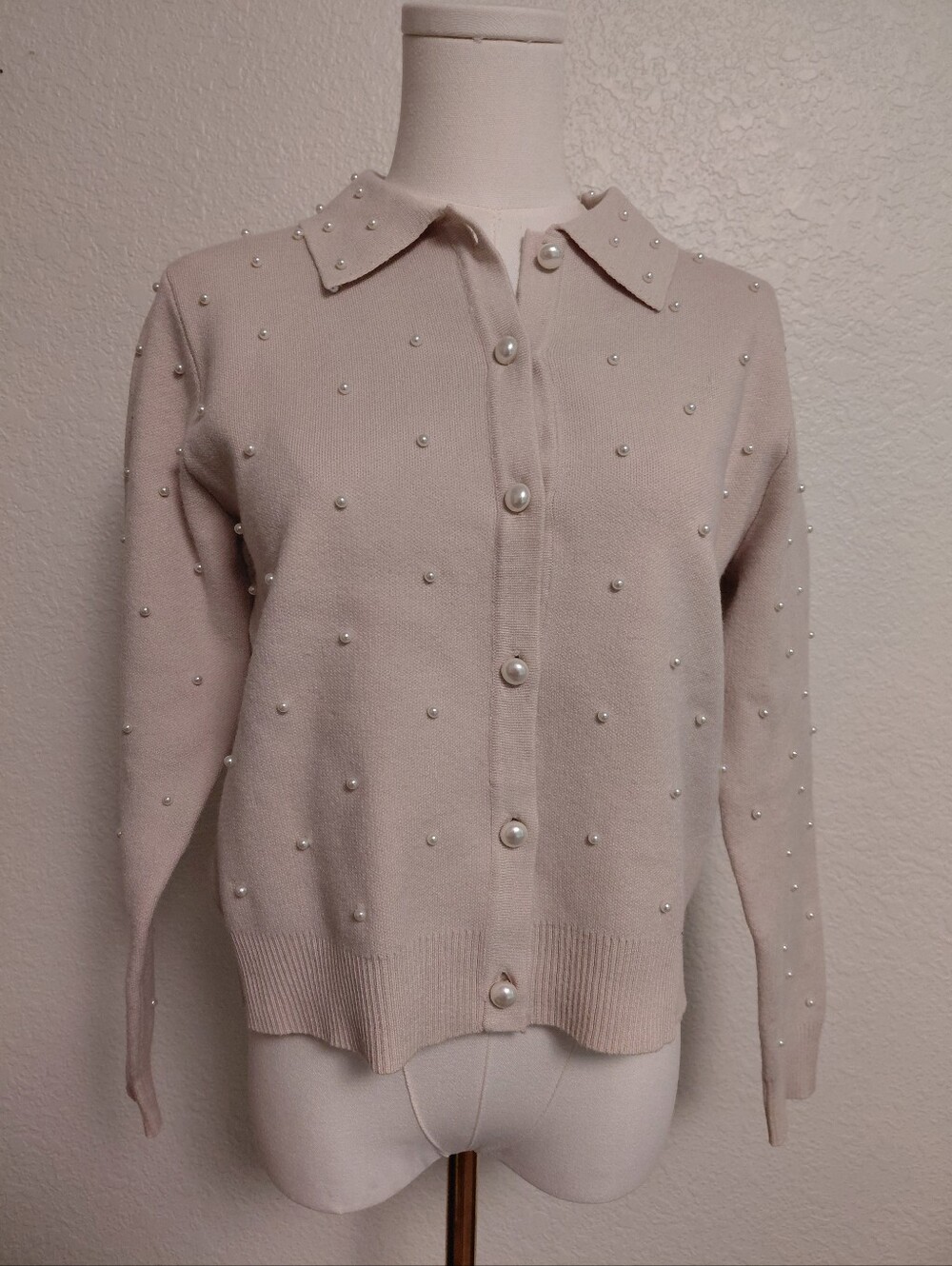 Sioni Pearl Embellished Cardigan Sweater Cream Collared Size S